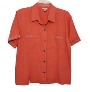 Christopher & Banks Linen Blend Embroidered Short Sleeve Shirt, Size L